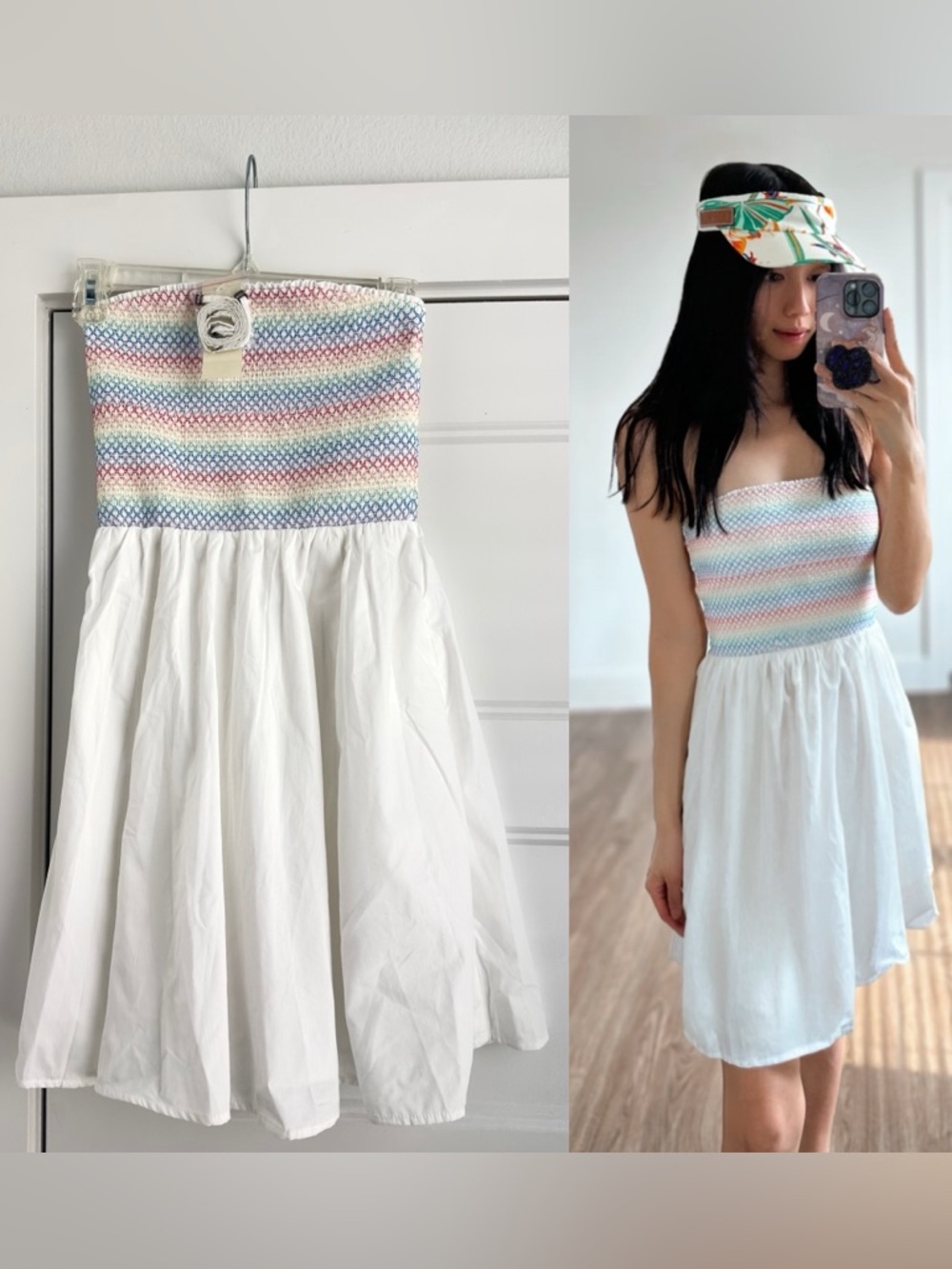 Abercrombie & Fitch White Mini Dress with Pastel Stripe Smocked Bodice